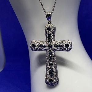Sterling Silver Filigree Blue Topaz Cross Pendant Necklace. Easter Ready